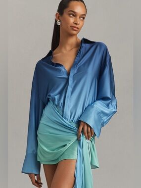 Bardot Malira Ombre Mini Shirt Dress - Blue Green Wrap Tie